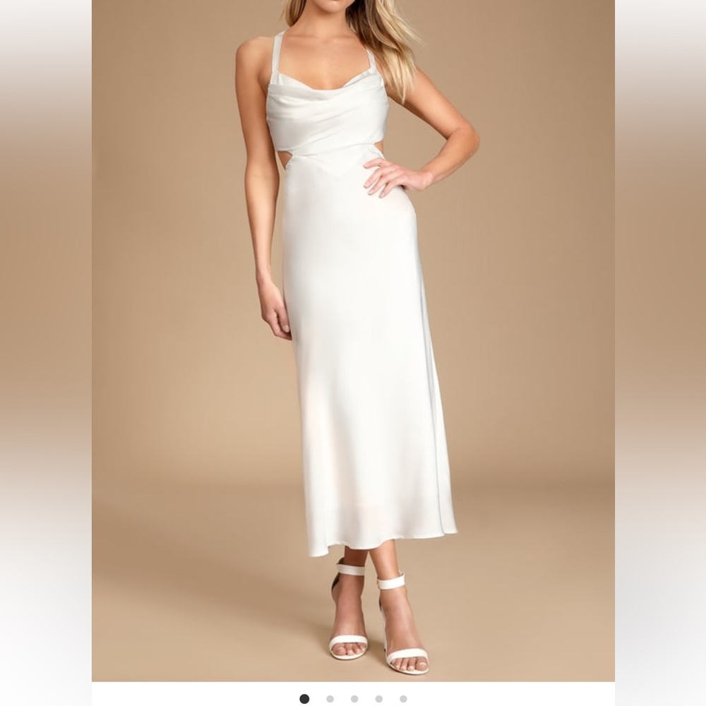 Lulus - White Satin Cowl Neck Cutout Midi Dress - XS - Picture 5 of 8